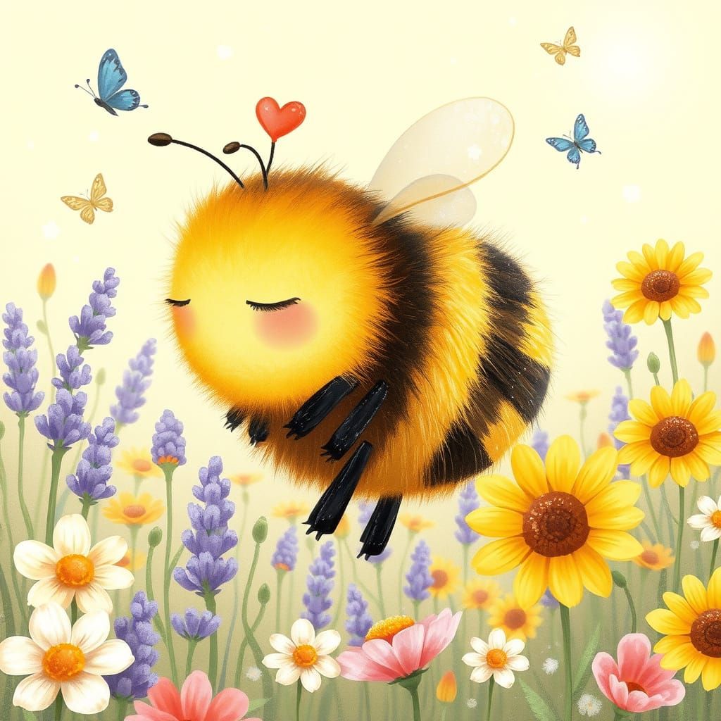 Sleepy Bumblebee in Sun-Drenched Floral Meadow