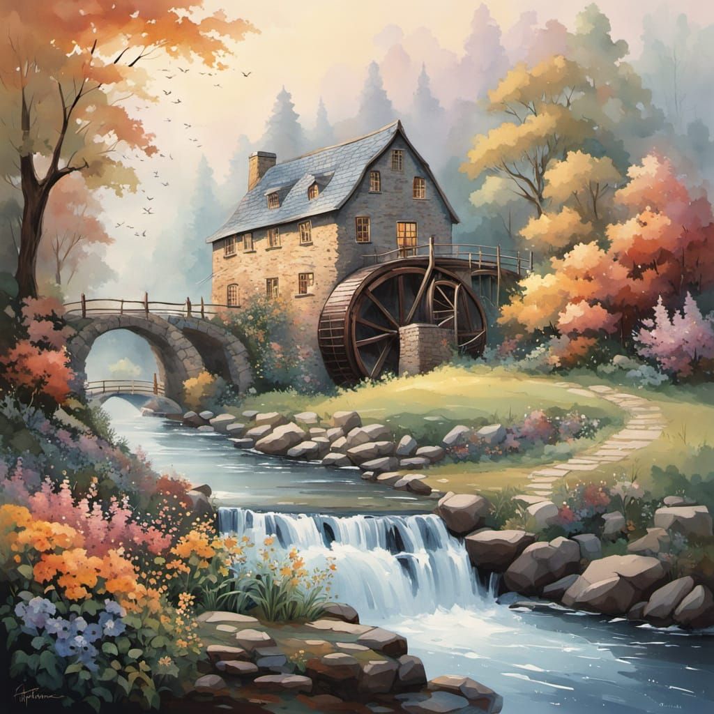 Whimsical Watercolor Watermill in a Serene Landscape