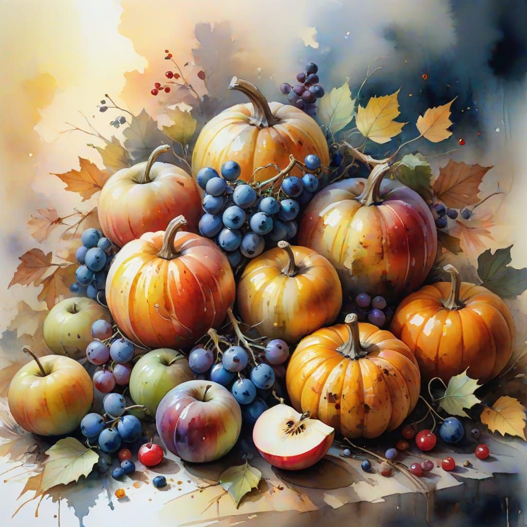 Vivid Watercolor Still Life of Autumn Harvest