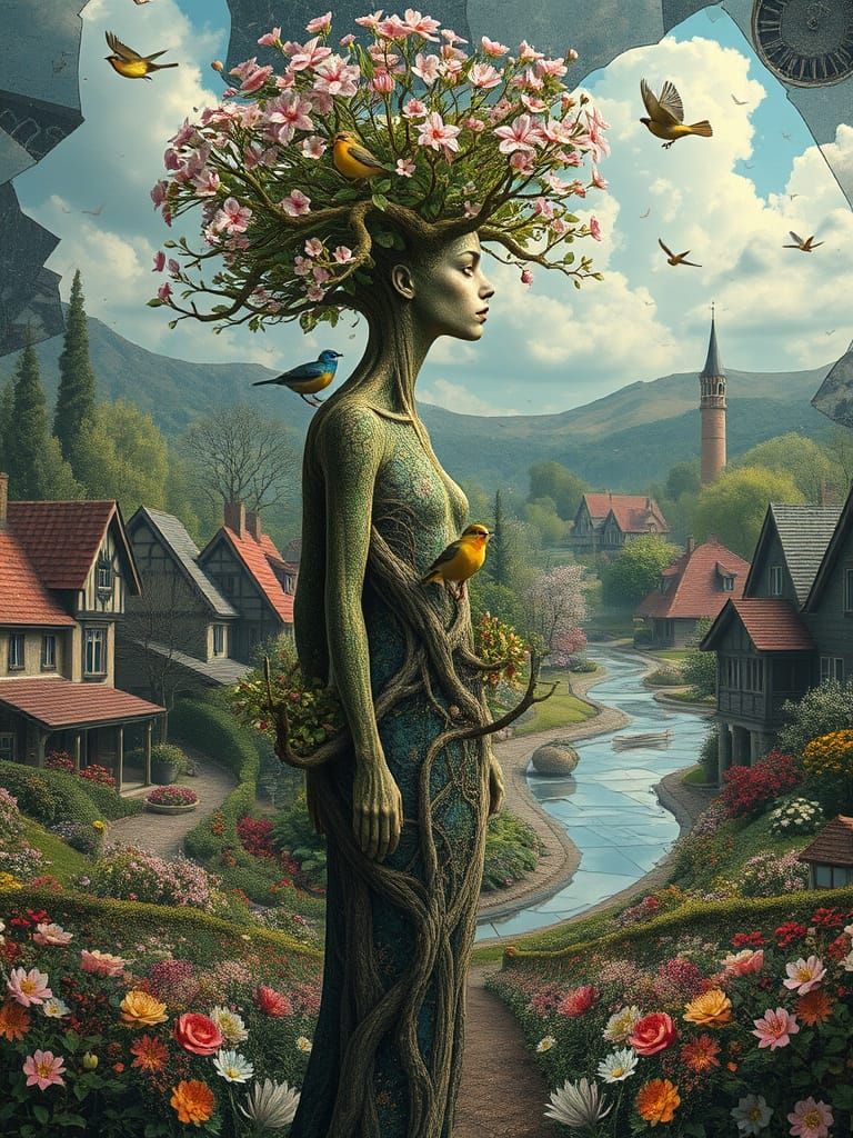 Surreal Tree Woman in Springtime Village