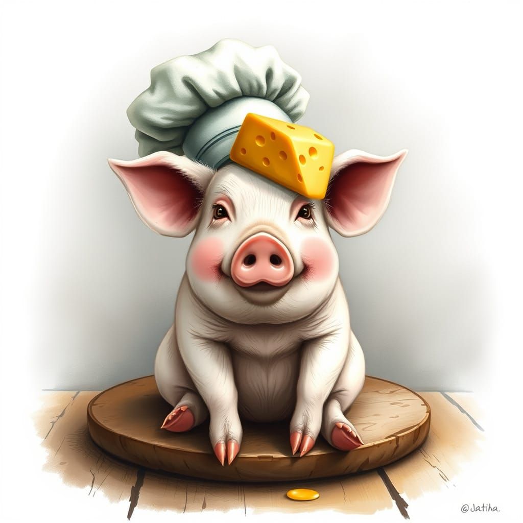 Chef Pig with Cheese, Beatrix Potter Style