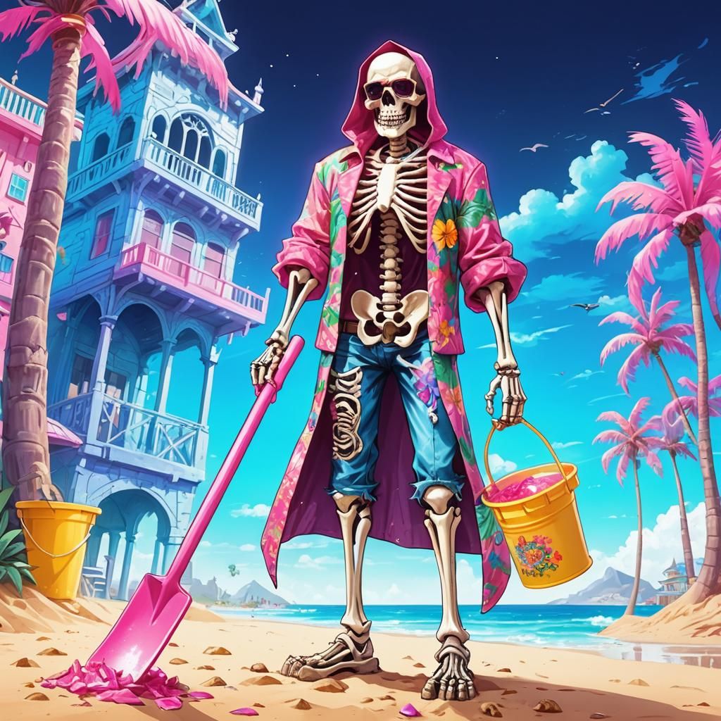 Skeleton on Holiday in Fantasy Glass City