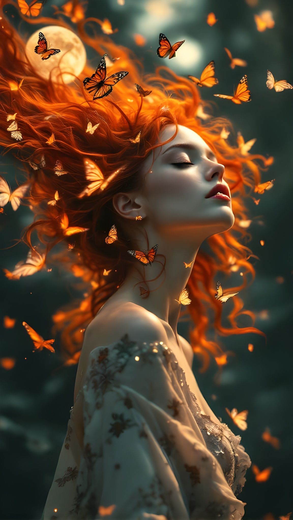 Surreal Fantasy Portrait of a Serene Woman with Monarch Butt...