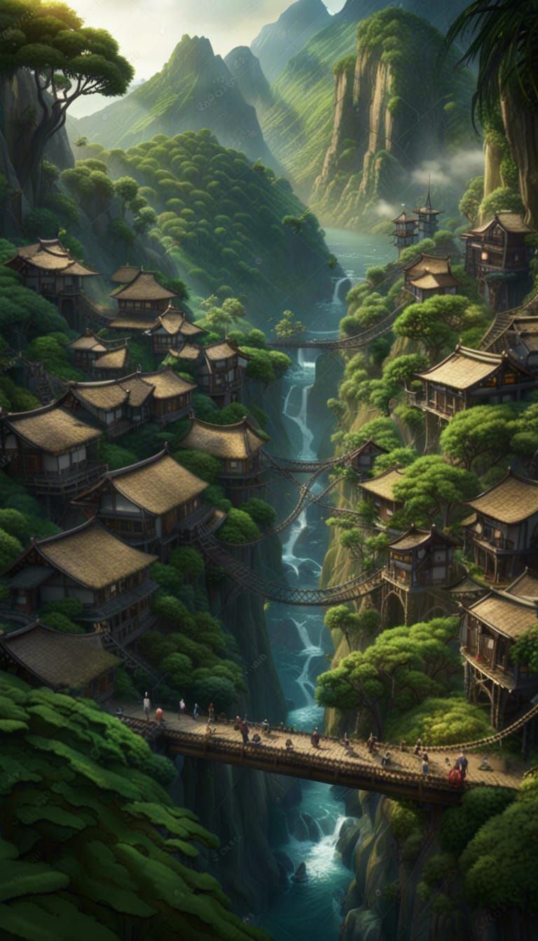 Lush Jungle Canyon Village with Bridges: Fantasy Concept Art