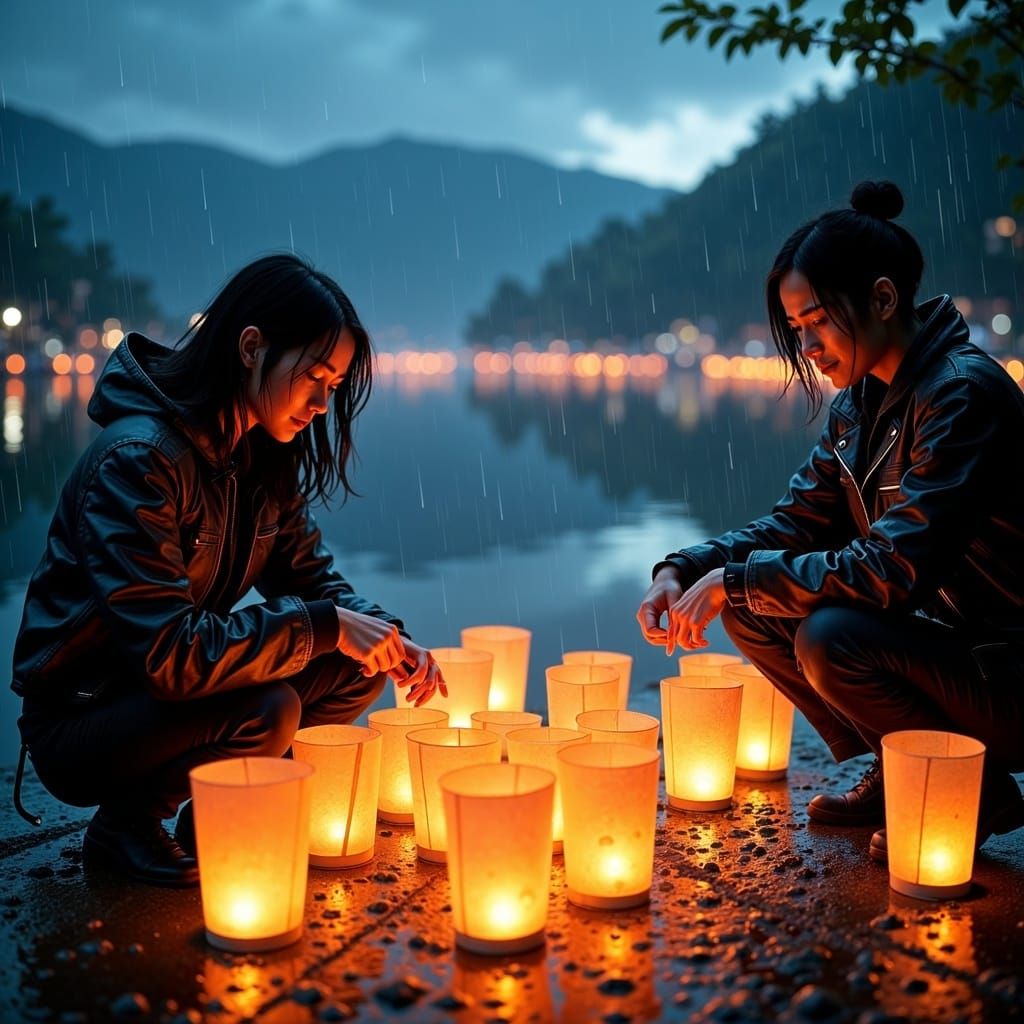 Friends Lighting Lanterns in Cyberpunk Rain
