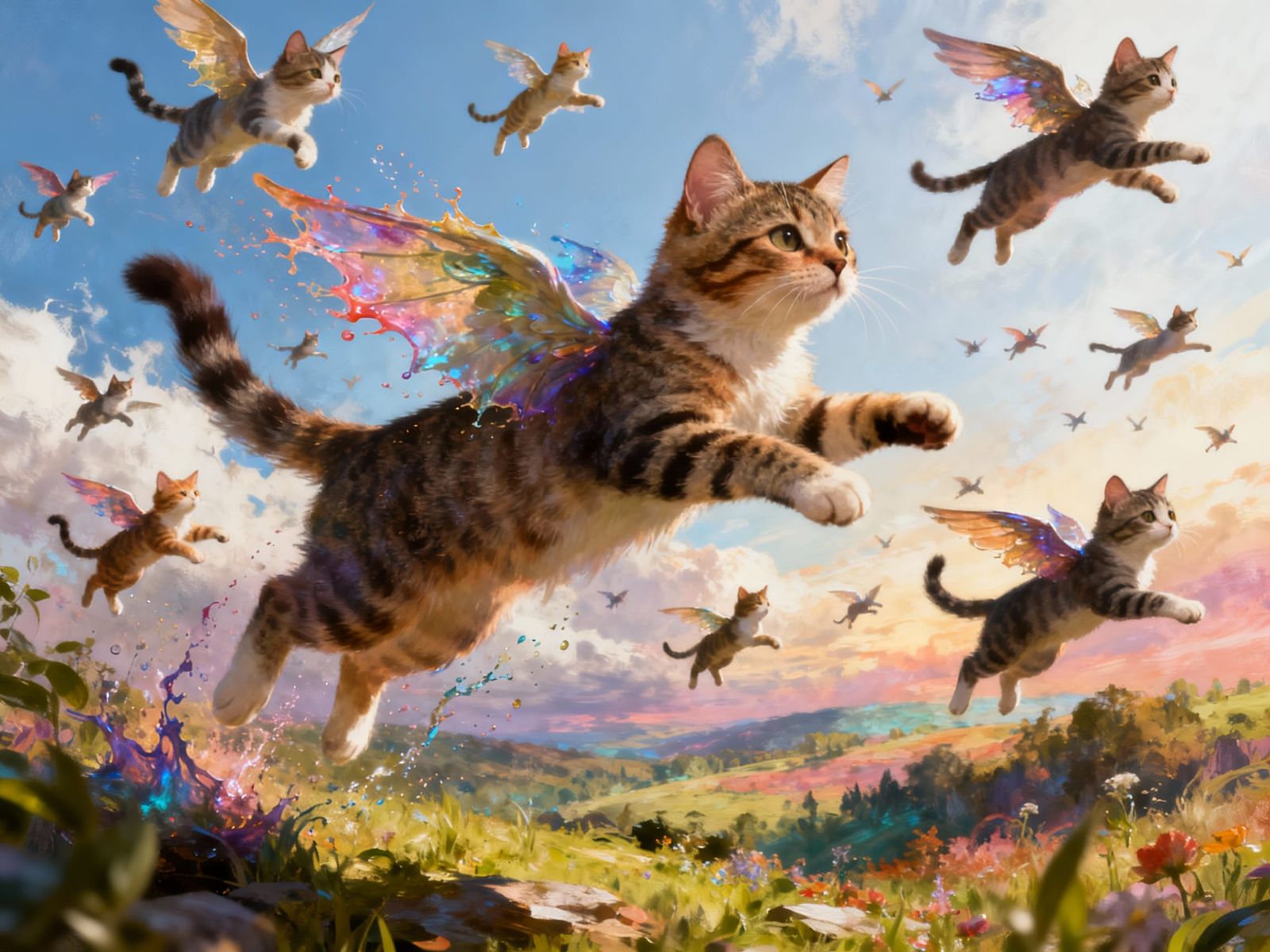 Winged Kittens Fly Across Fantasy Landscape