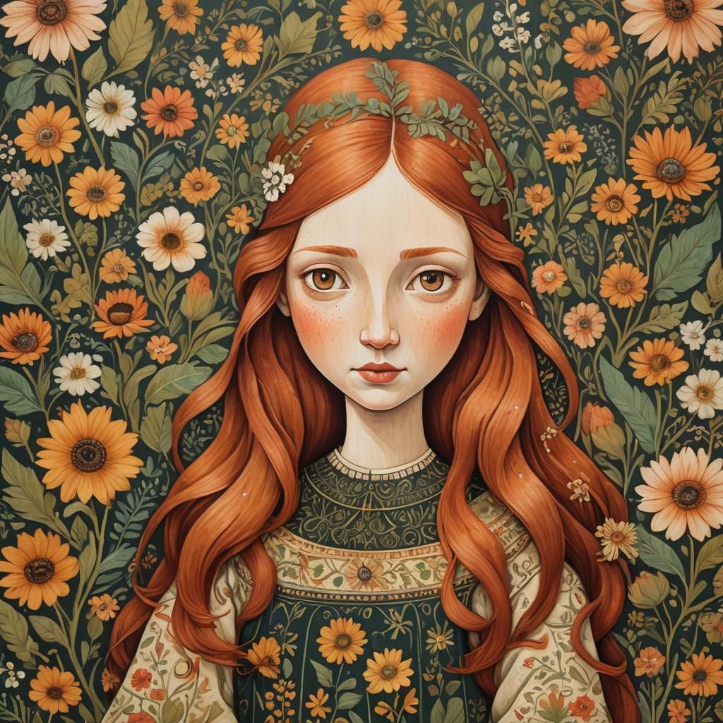 Redhead Girl Portrait in German Folk Art Style