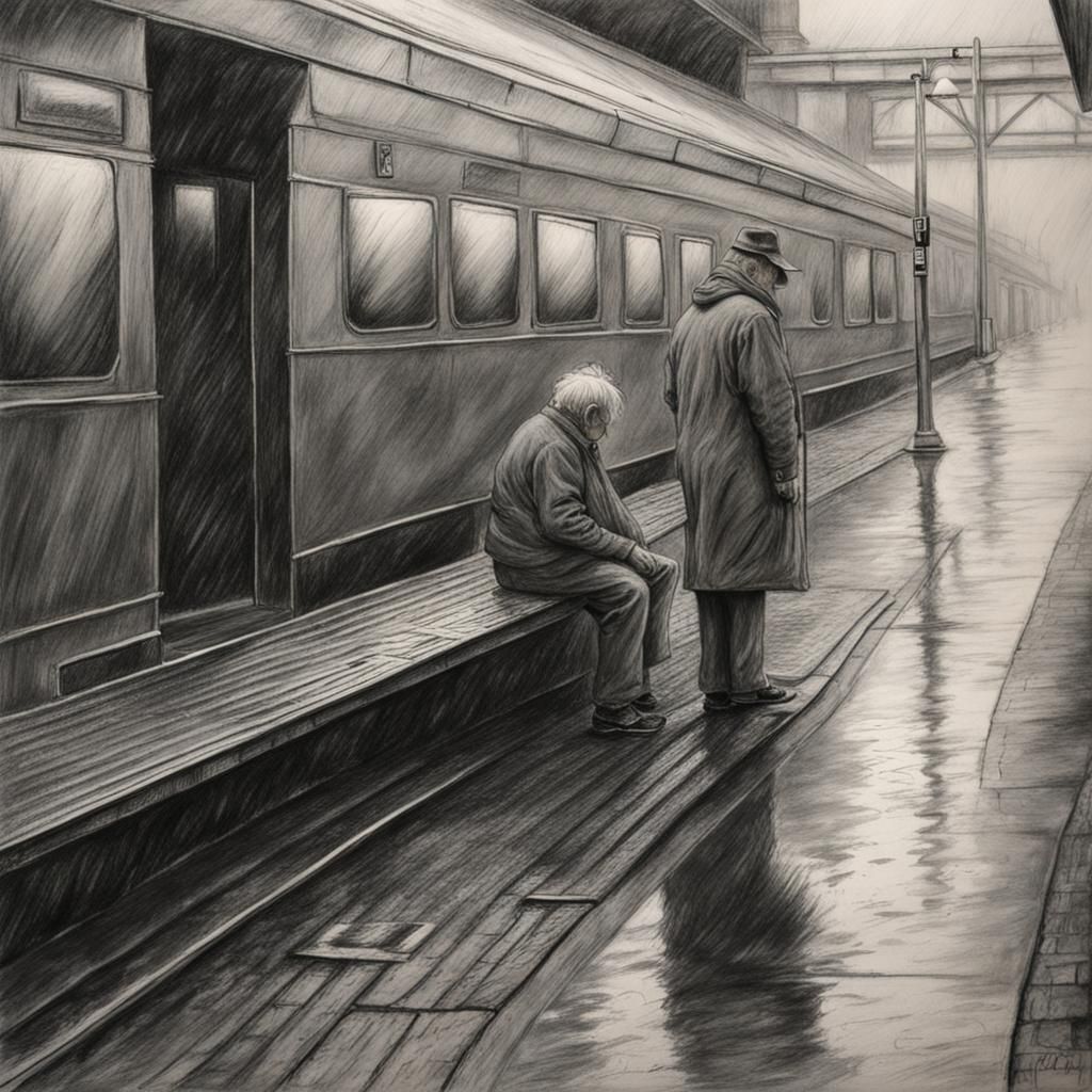 Hyperdetailed Charcoal Drawing of Elderly Person Waiting