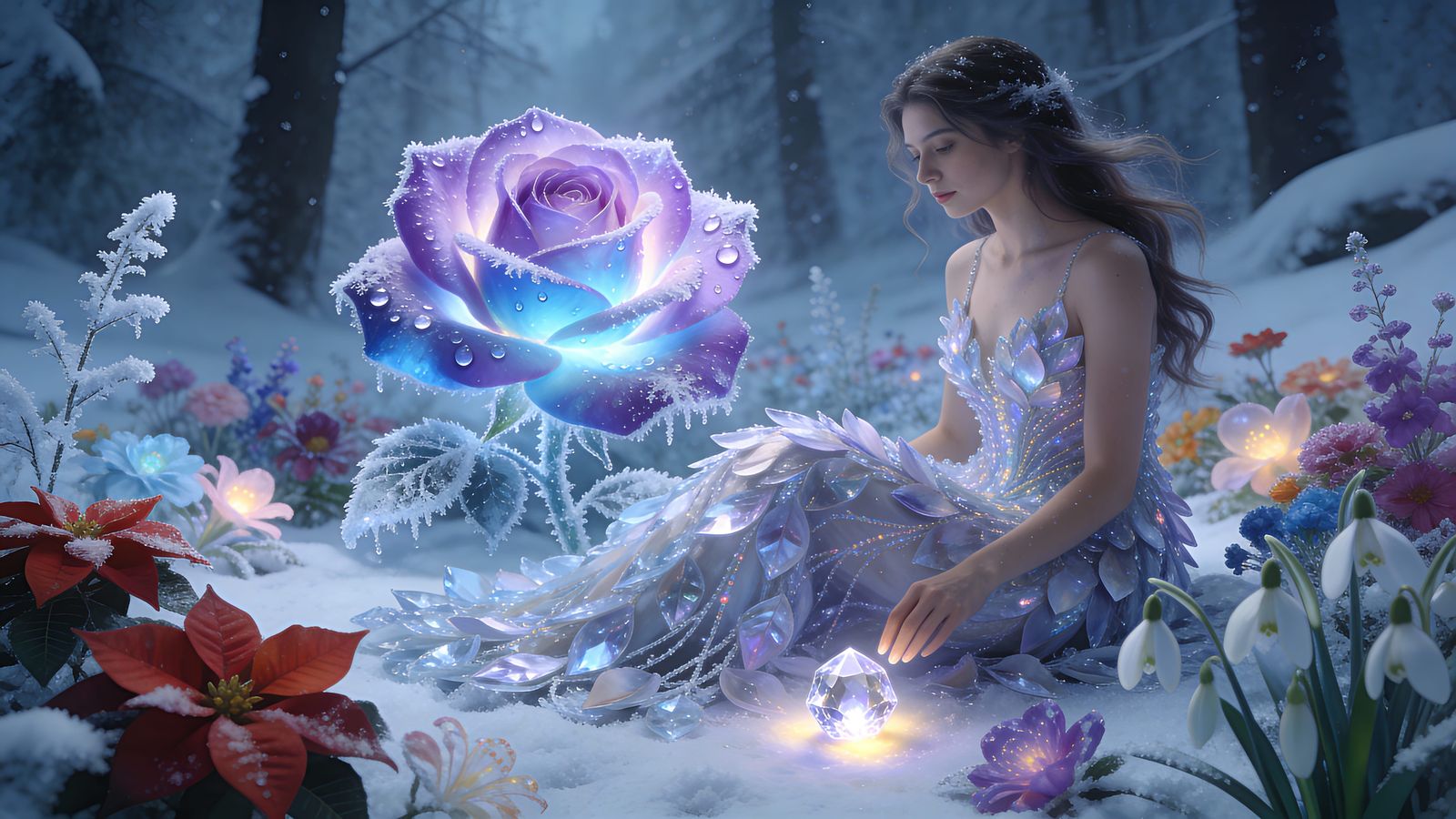 Ethereal Woman in Frozen Floral Sanctuary