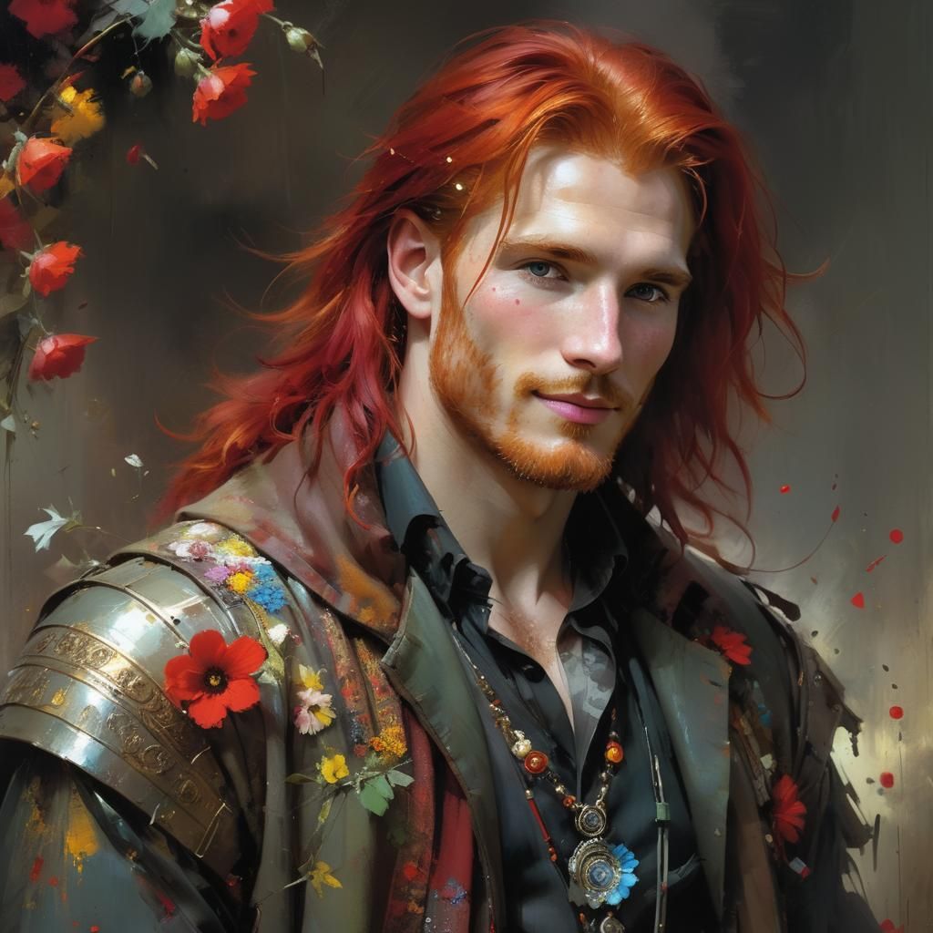 Red-Haired Man in Floral Fantasy: Fine Art Portrait