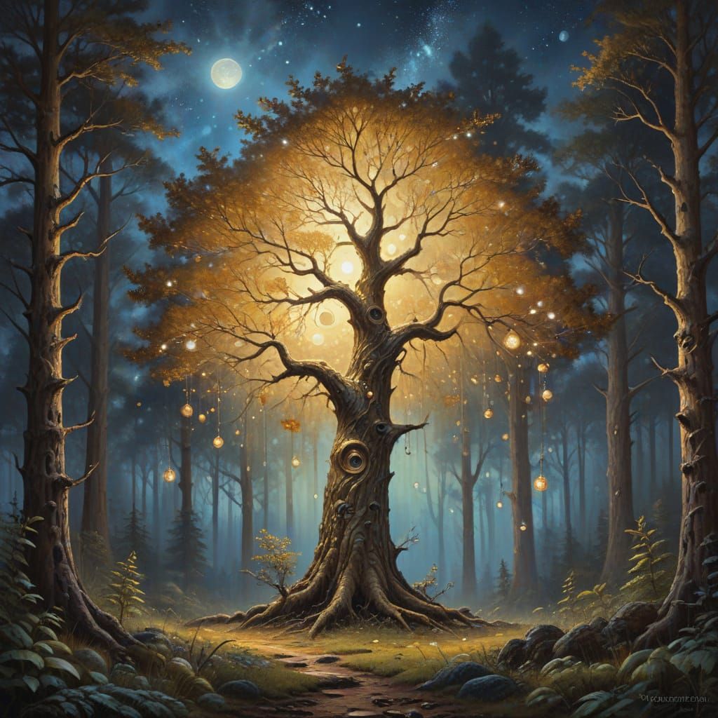 Enchanted Tree of Luminous Wonder in Dreamlike Oil Painting
