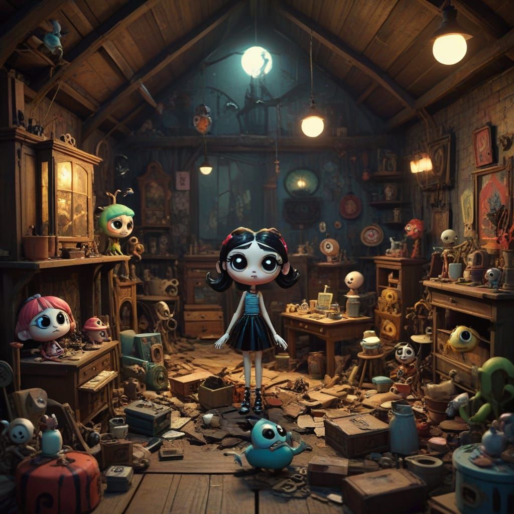 Meticulous Attic Sorter in Whimsical Lowbrow Art