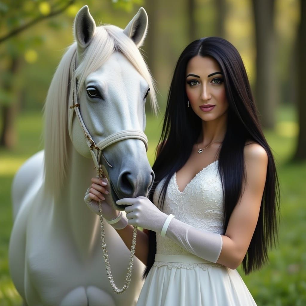 Woman in Couture Gown with White Stallion