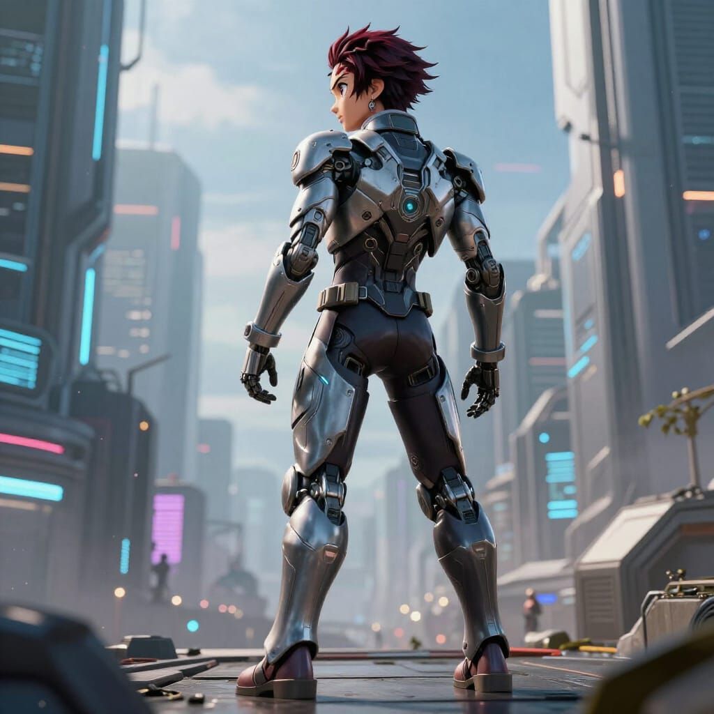 Futuristic Hero Over Cyber Cityscape