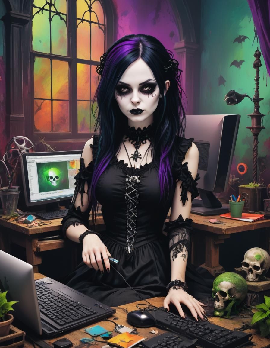 Gothic working on her computer, work environmental colorful ...