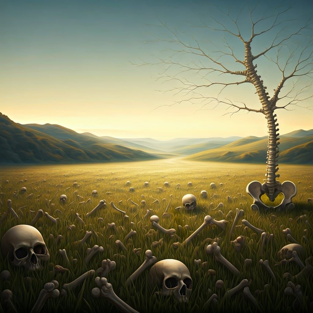 Surreal Bone Meadow in Dreamlike Oil Painting