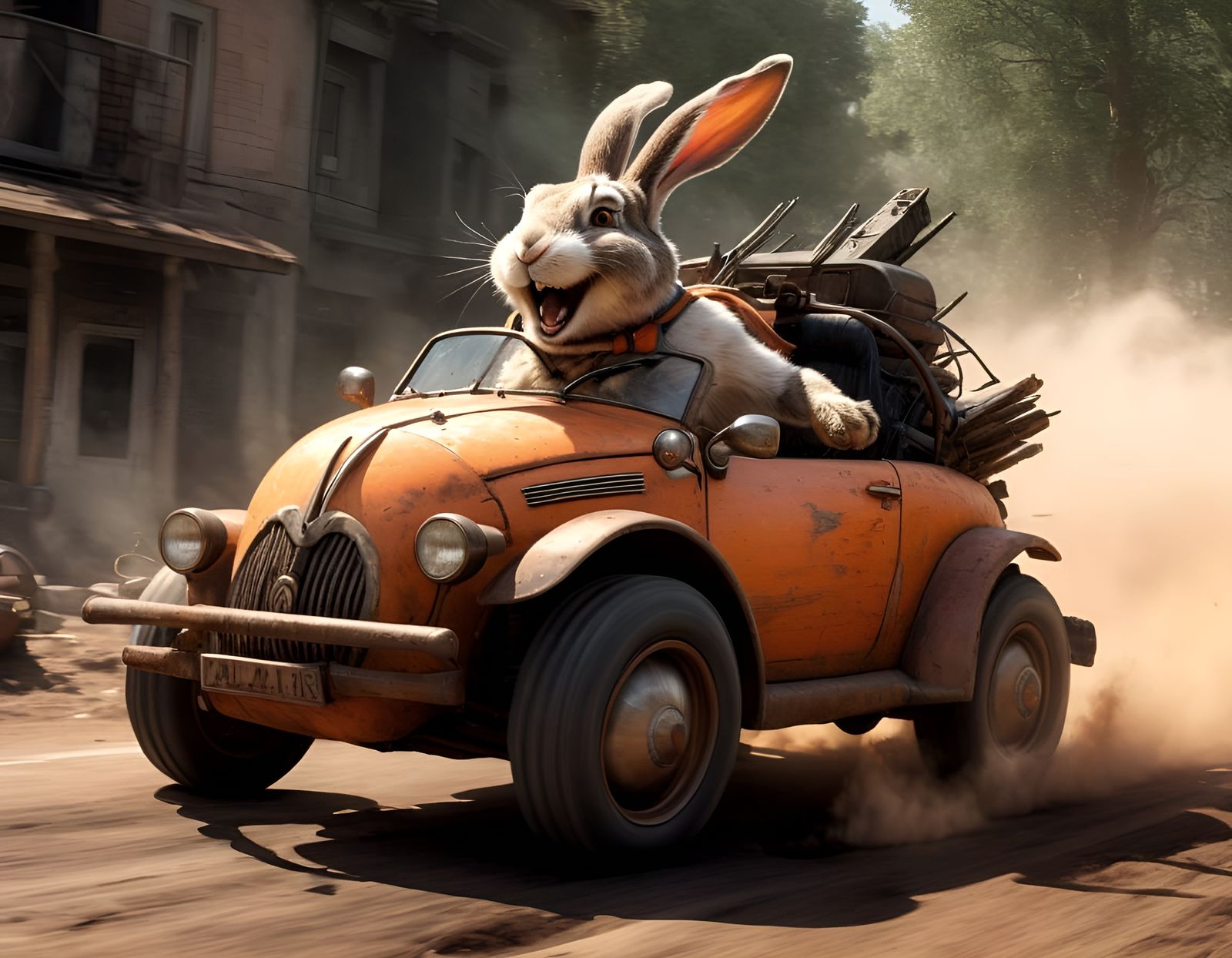 Laughing Bunny's Wild Ride: Dieselpunk Ink Painting