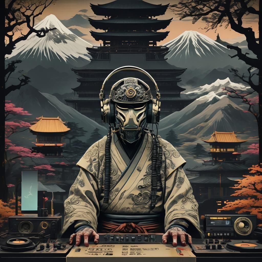 Samurai DJ Album Cover with Japanese Calligraphy Font
