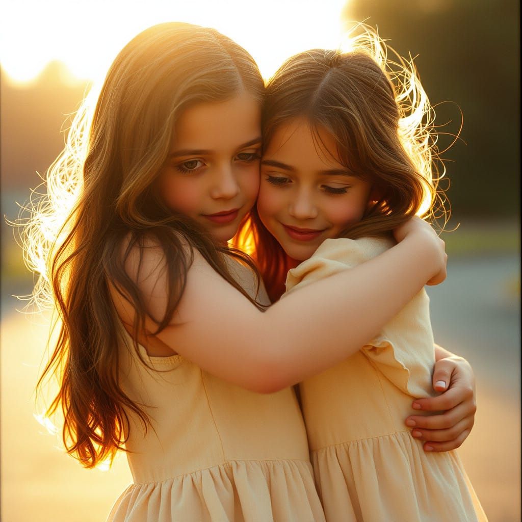 Sisters Embracing in Warm Golden Light