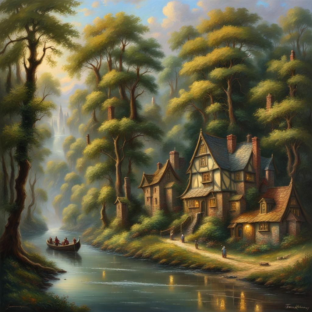 Idyllic Riverside Town in Tolkien Inspired Forest