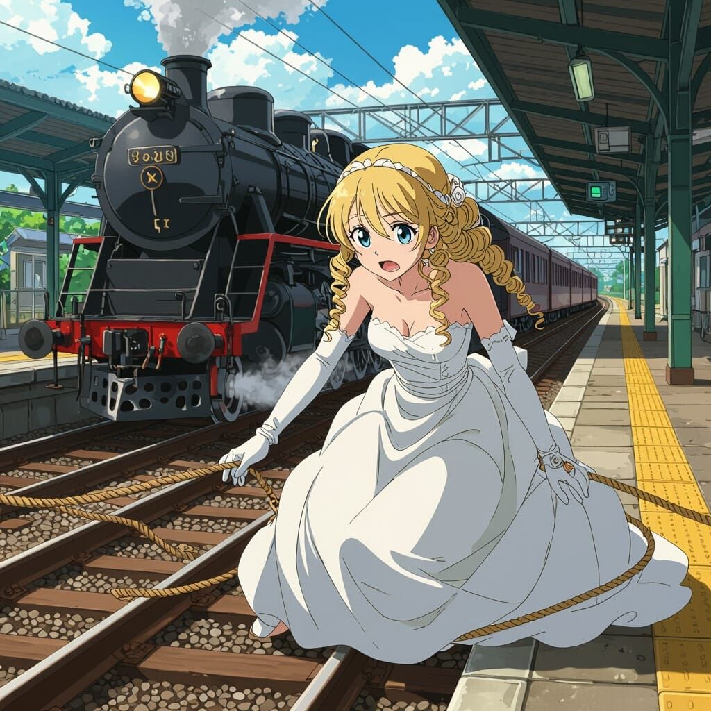 Anime Girl in Wedding Dress Bound to Train Tracks