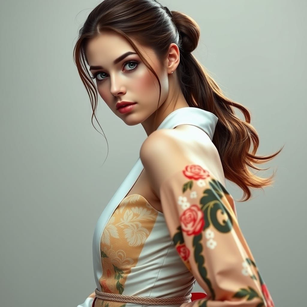 Elegant Woman in Japanese Outfit, Art Nouveau Style