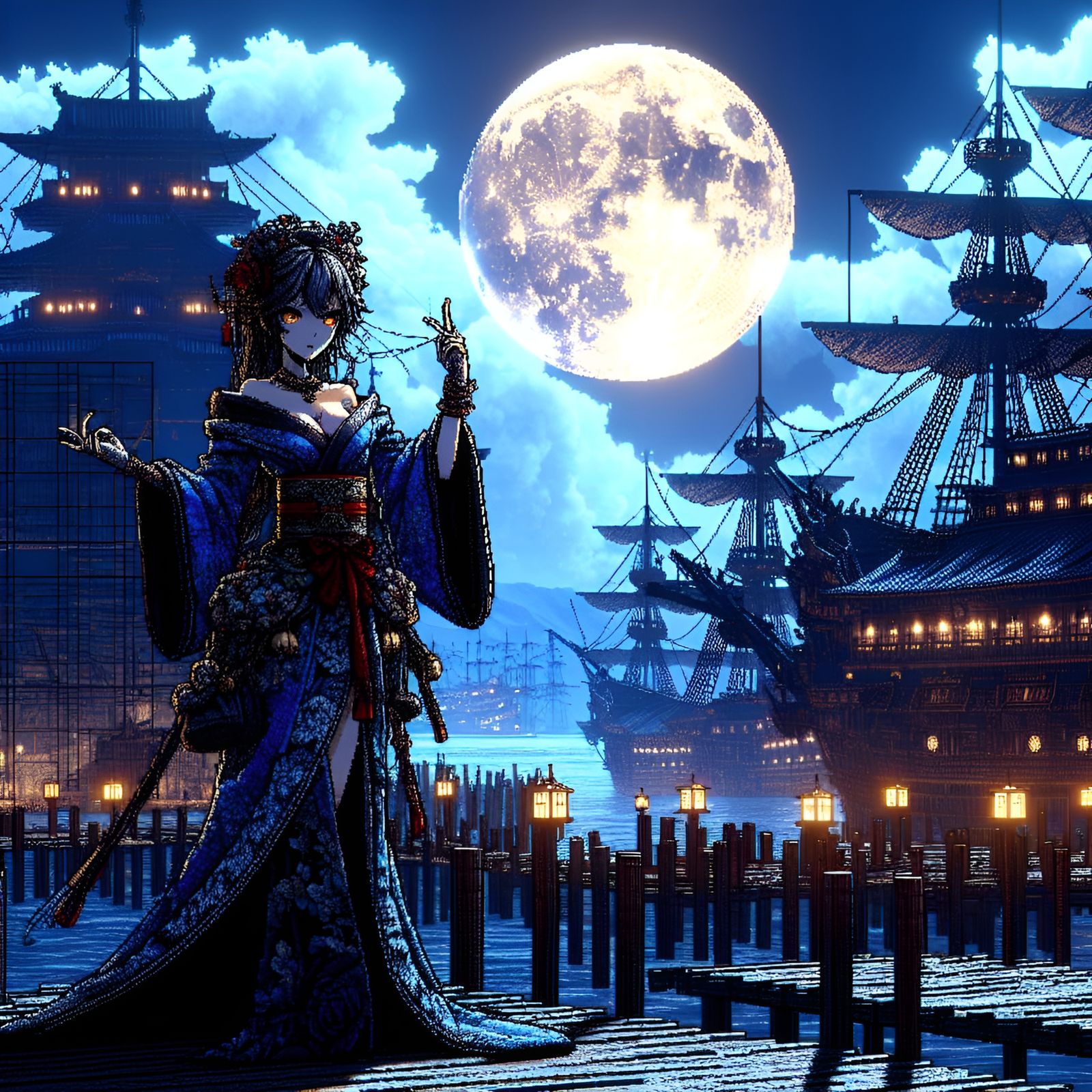 Pirate Queen in Osaka Harbor: Pixel Art