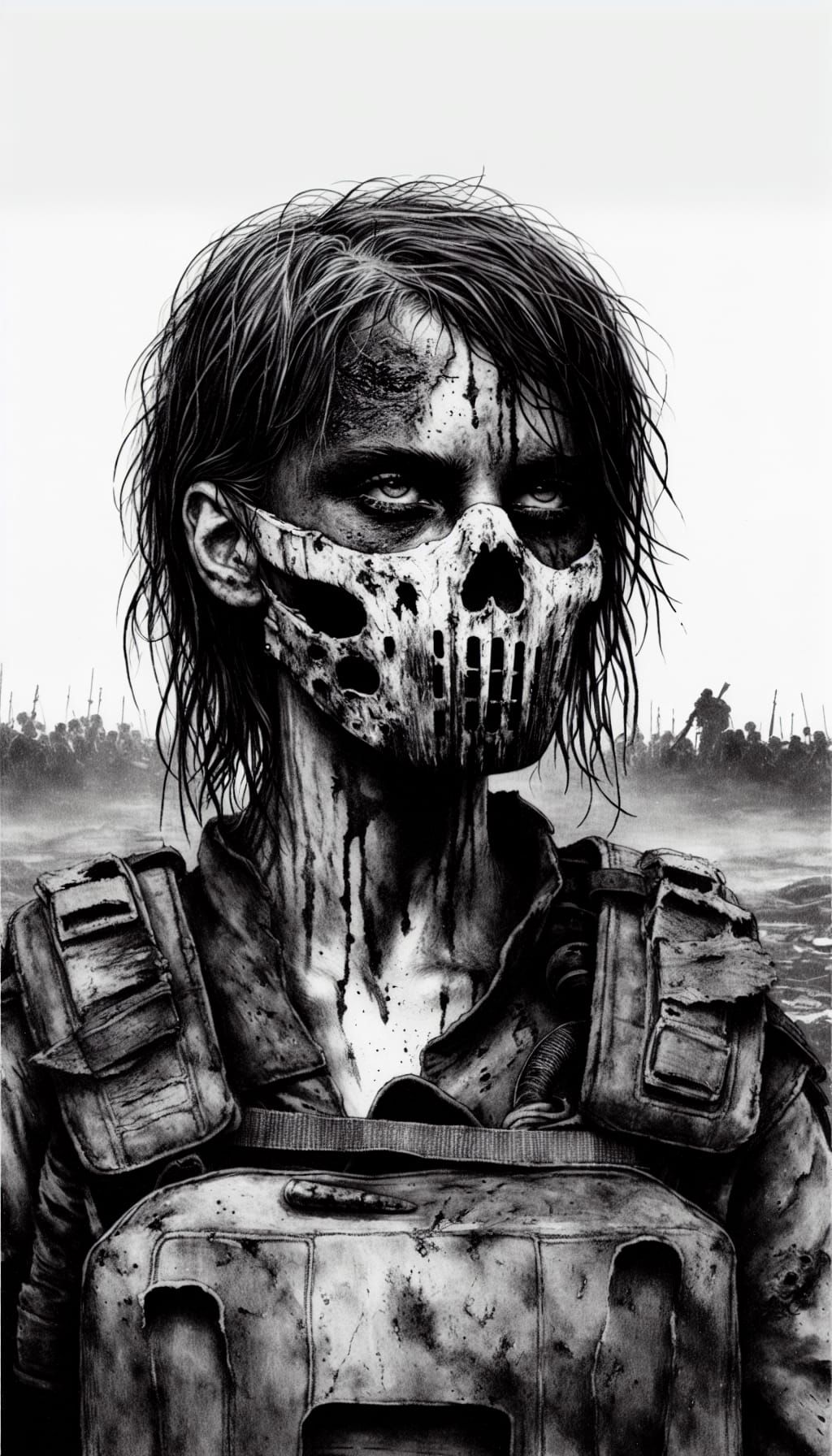 Wounded Soldier in Death Mask: Ink Painting