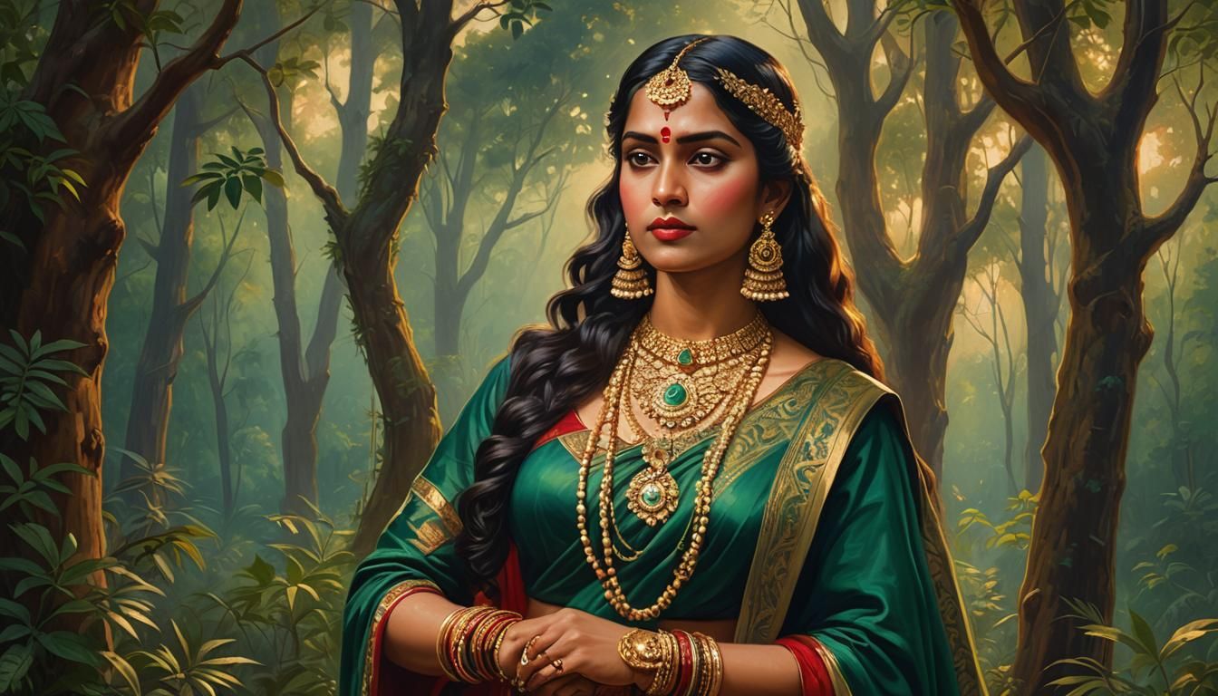 Regal Woman in Forest: Classical Indian Style Painting