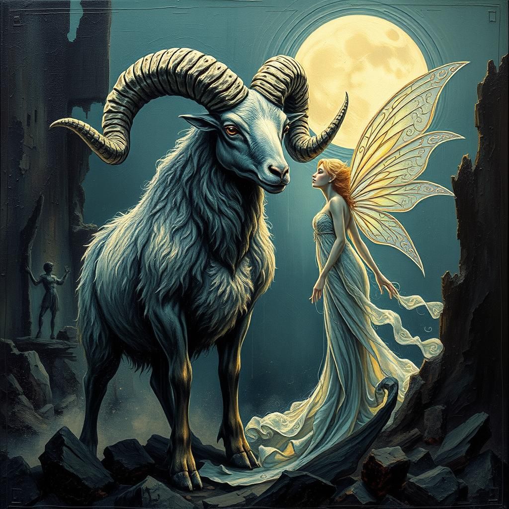 Ram and Fairy in Surreal Dystopian Landscape