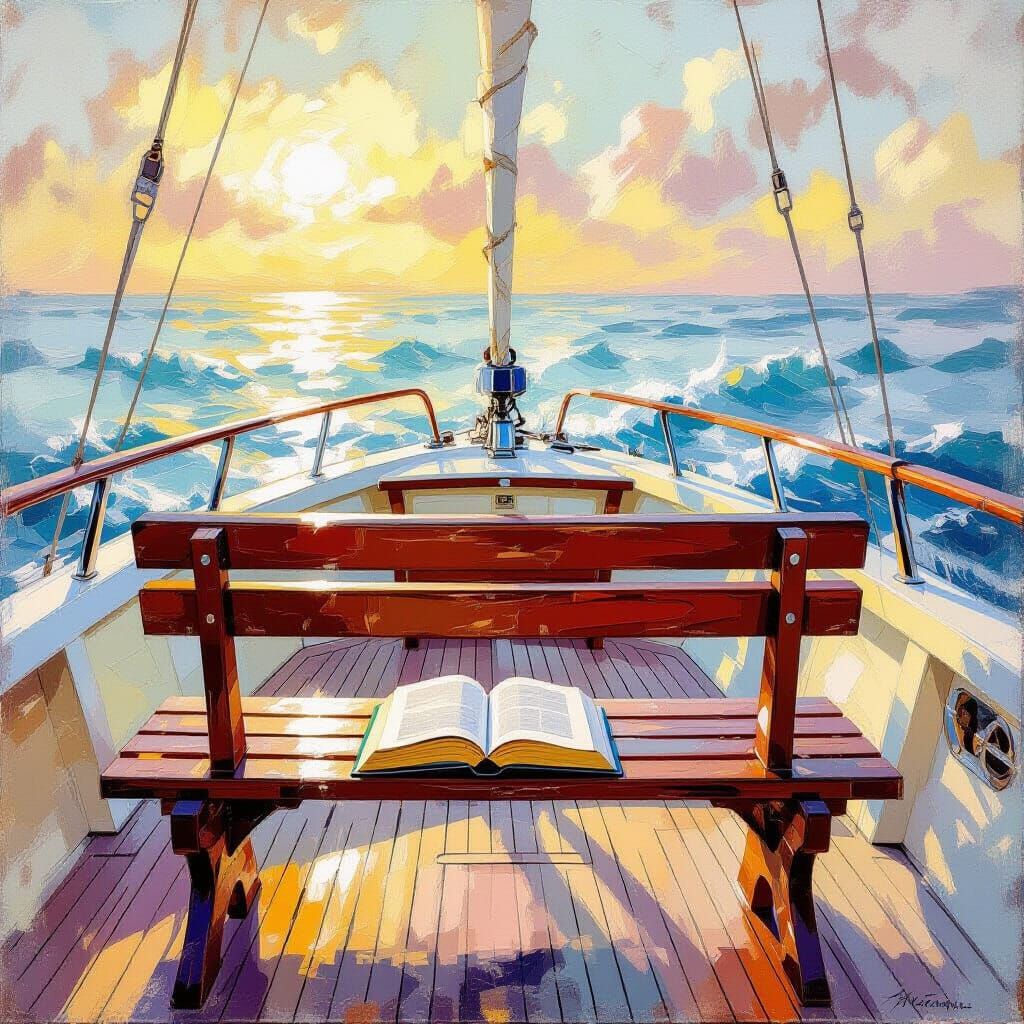 Pastoral Yacht Bench with Open Book in Impressionistic Style