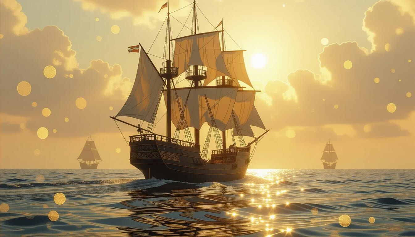 Majestic Golden Ship Sailing at Sunrise