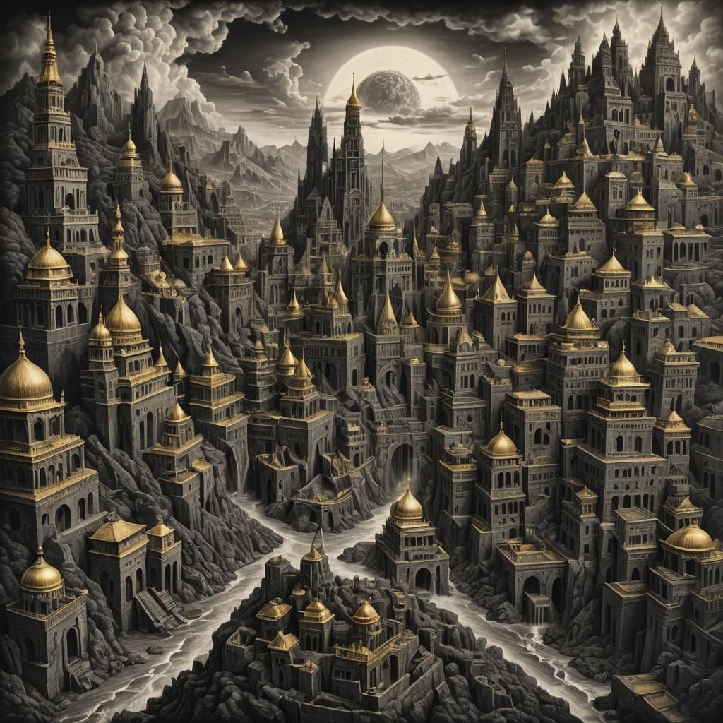 Hyperdetailed Charcoal Drawing of Seven Cities of Gold