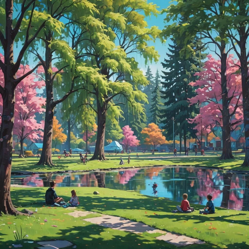 Cyberpunk Cityscape: Children Playing in Planned Park