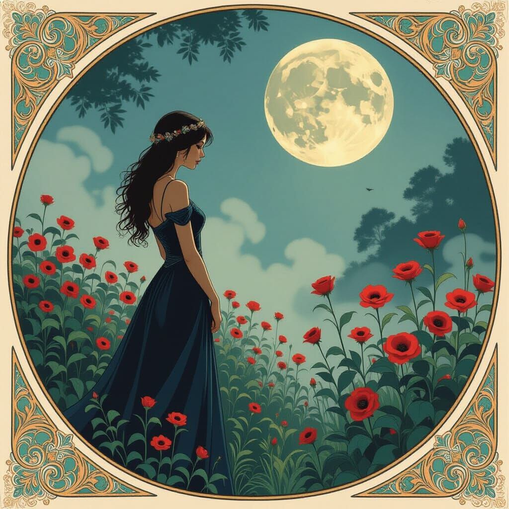Melancholy Woman in Moonlit Garden, Art Nouveau Style