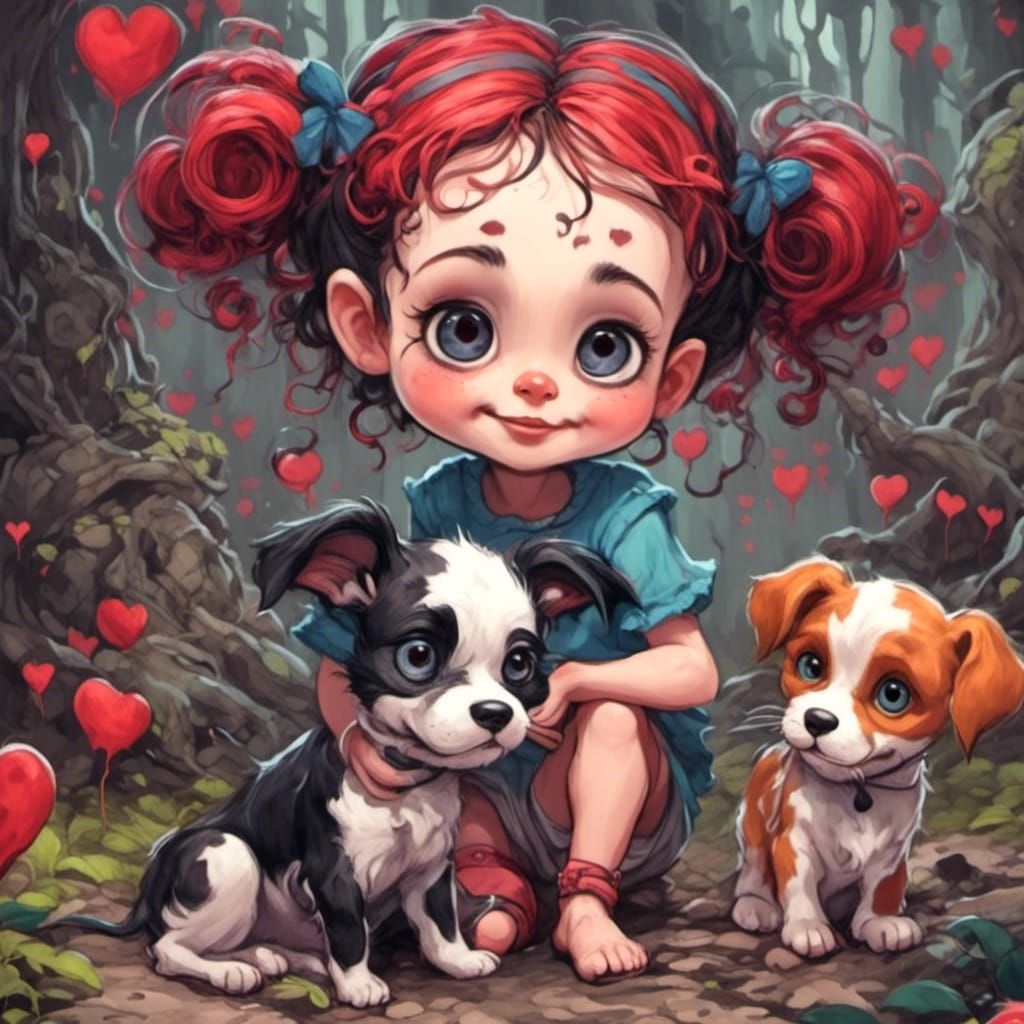 Adorable Toddler and Puppy Playtime in Cartoon Style