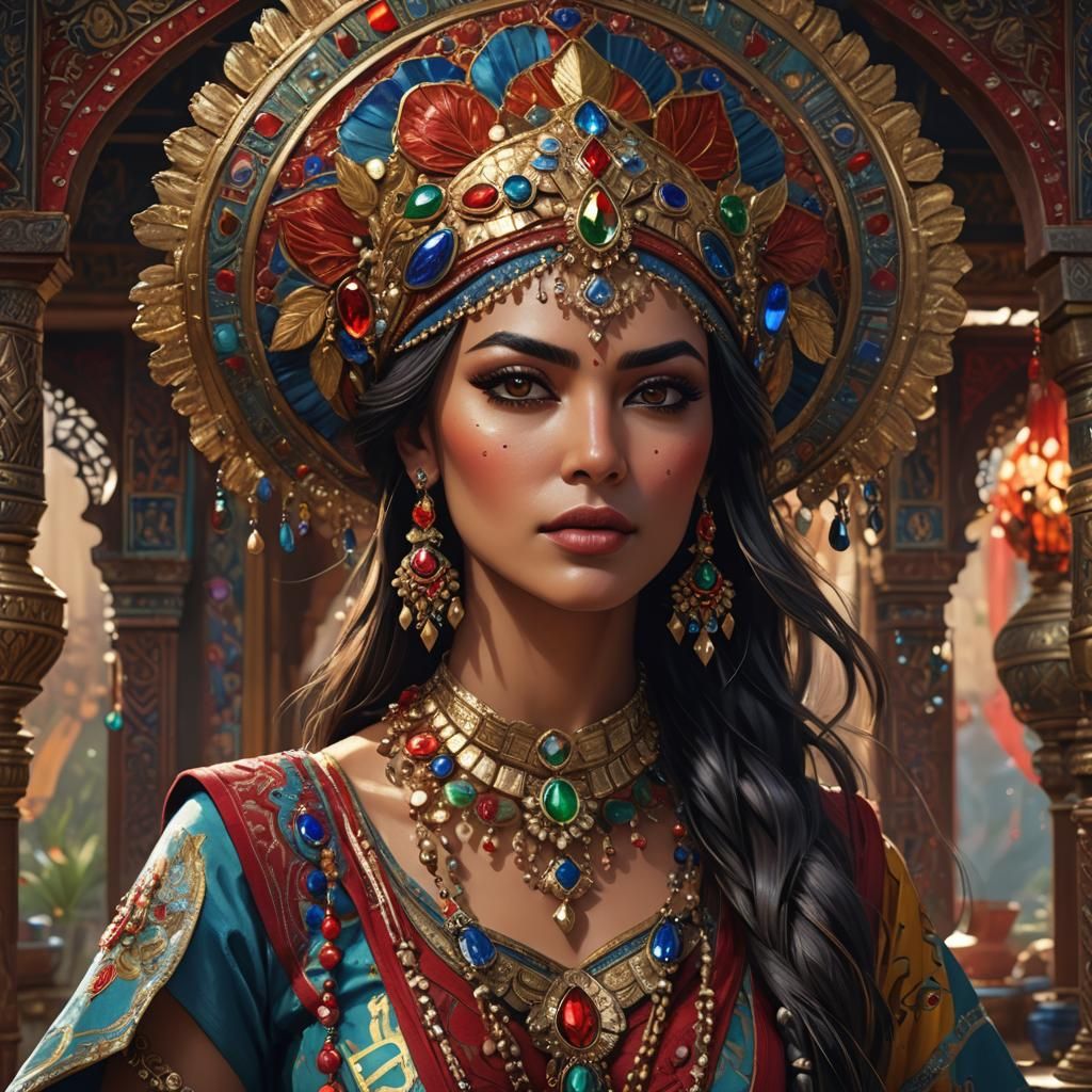 Exotic Woman in Turkish Bedroom, Detailed Matte Painting