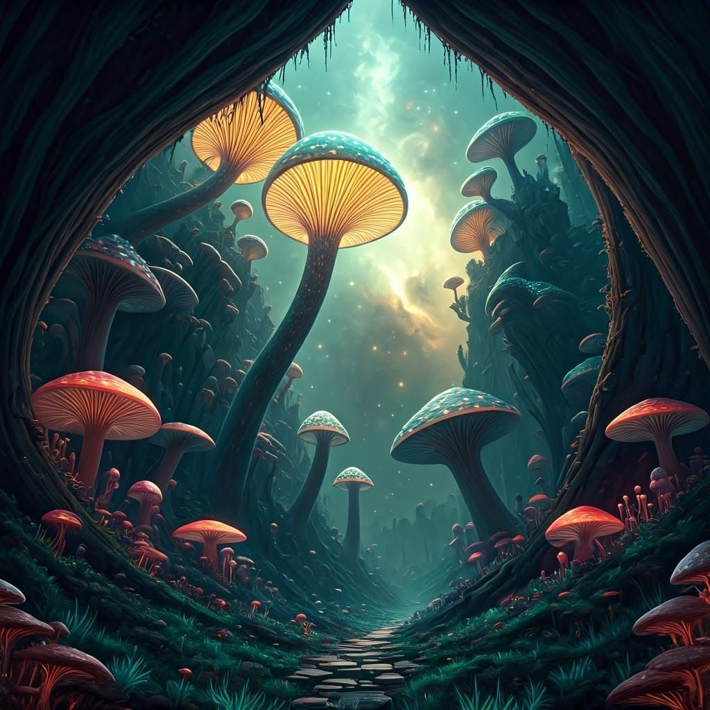 Breathtaking Alien Mushroom Forest Unfolds Under Starry Nebu...