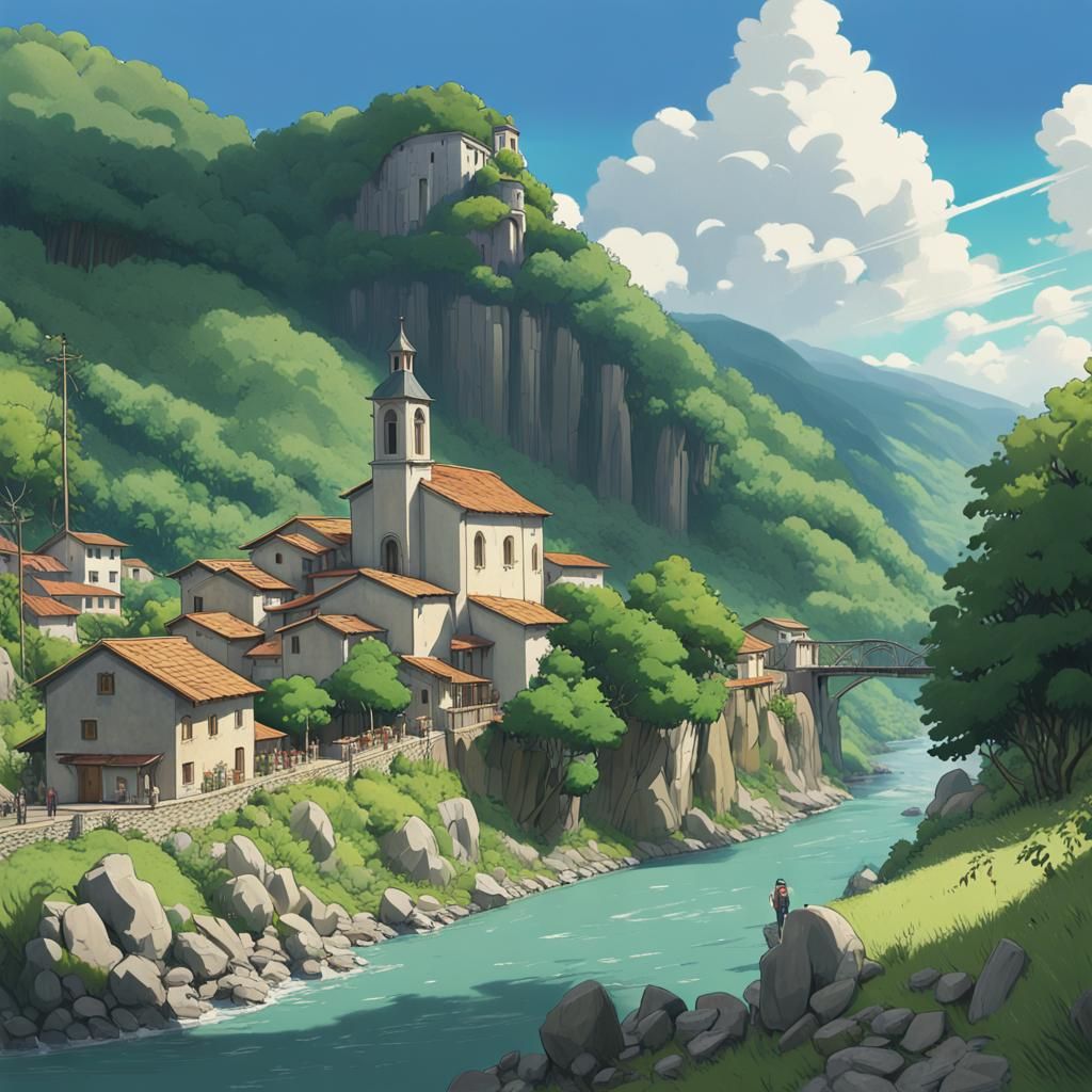 Italian Village Scene in Anime Style