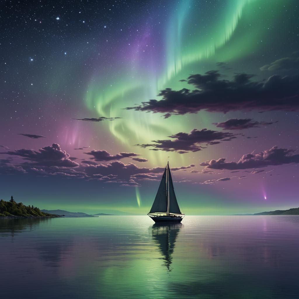 Aurora Borealis Over Calm Seas: Fantasy Concept Art