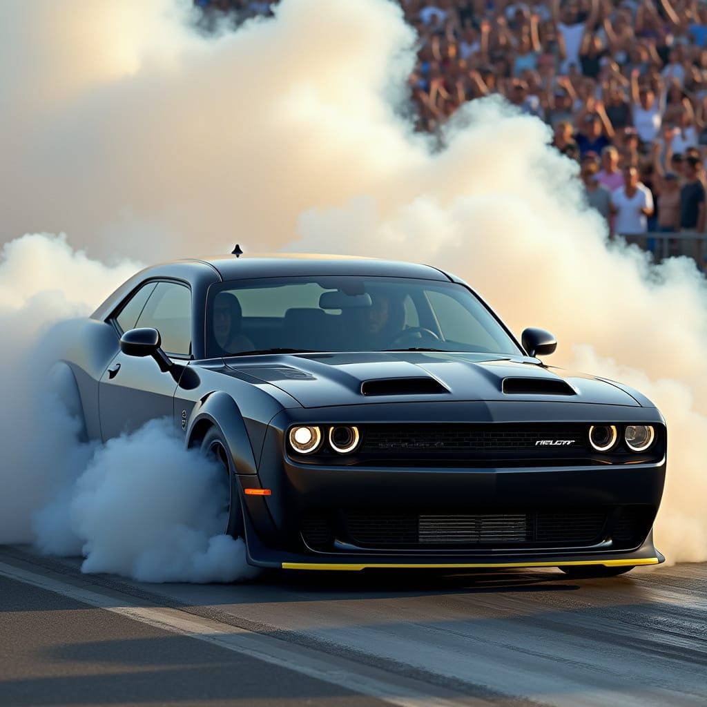 Sleek Black Hellcat Blazes Through Smoky Burnout Amidst Thri...
