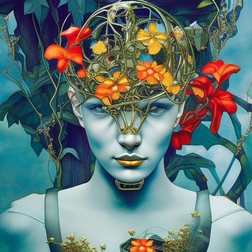 Android in Overgrown Garden, Hyperrealistic Art Nouveau Port...