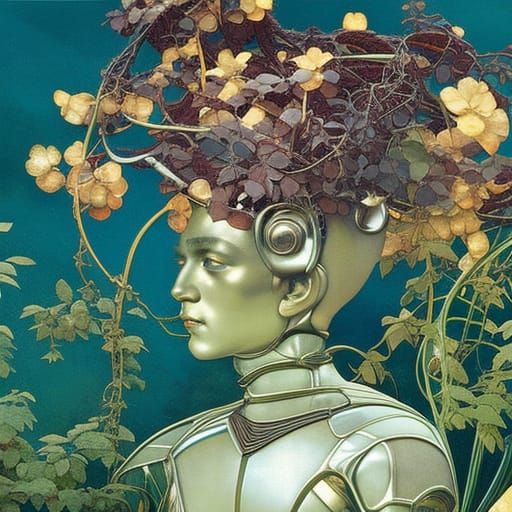 Android in Overgrown Garden, Hyperrealistic Style