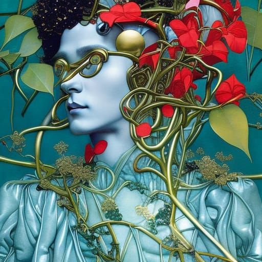 Android in Overgrown Garden: Hyperrealistic Art Nouveau Port...
