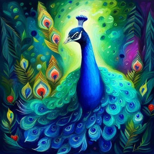 Peacock in Magical Forest: Gouache Impressionist Masterpiece