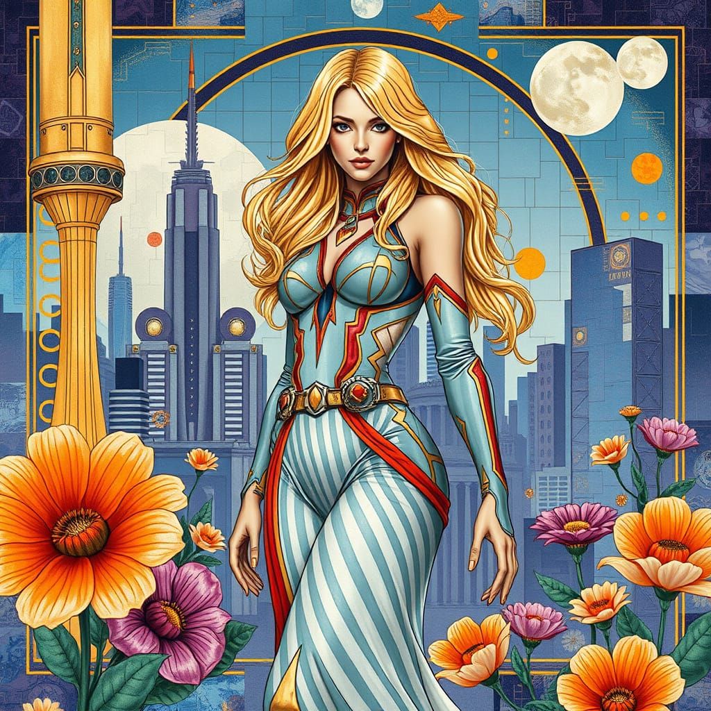 Vibrant Abstractionist Portrait of a Blonde Woman in Futuris...