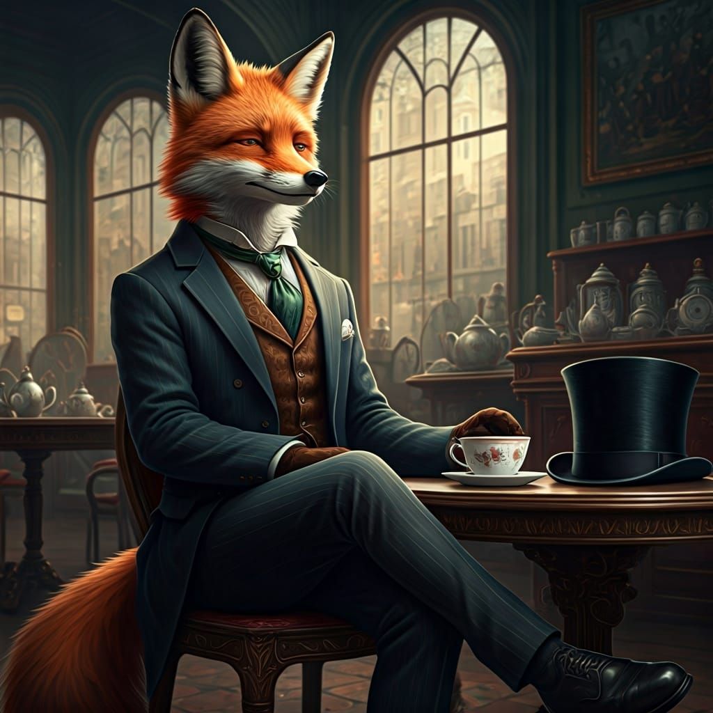 Victorian Fox Sipping Tea in London Shop