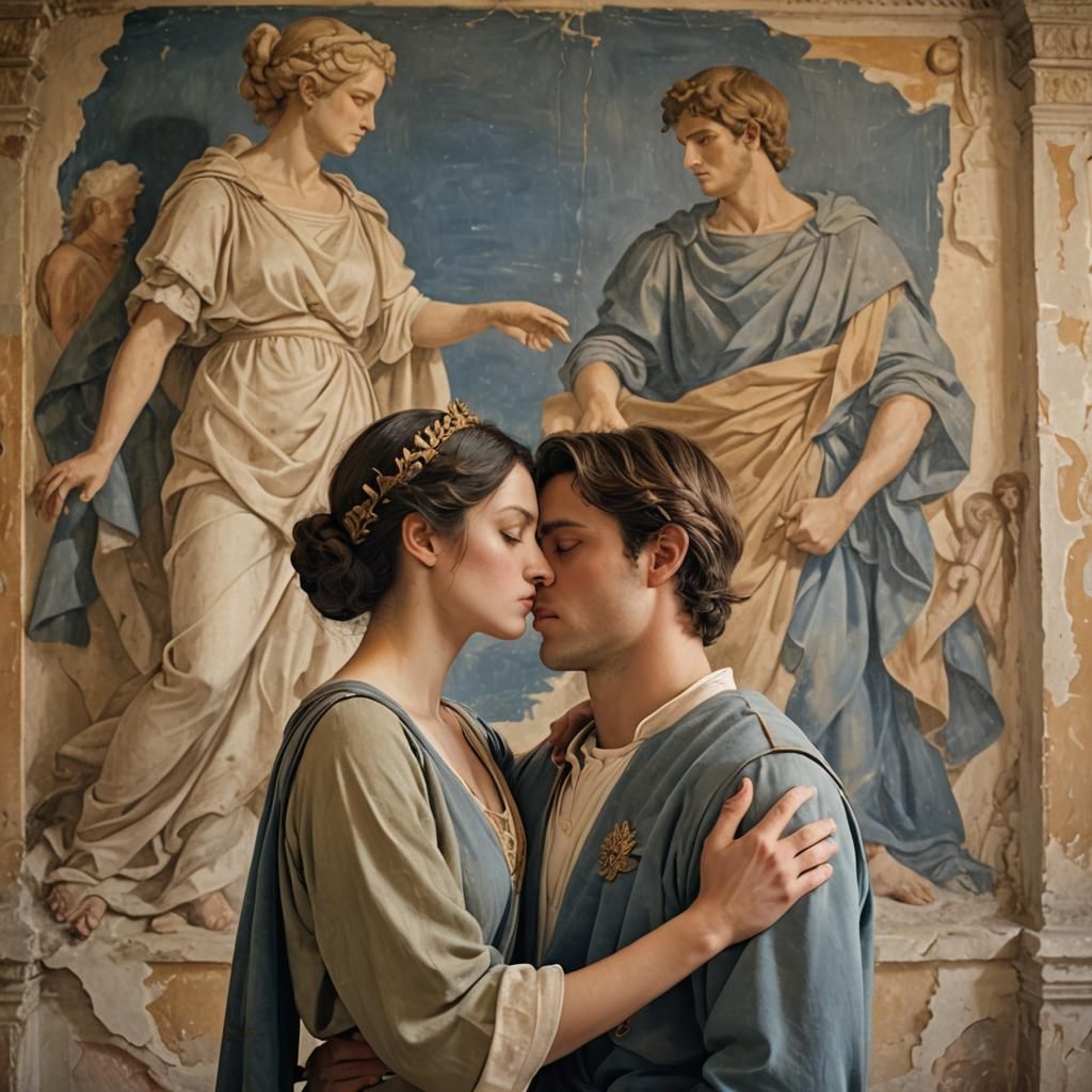 Neoclassical Kiss Before a Roman Fresco