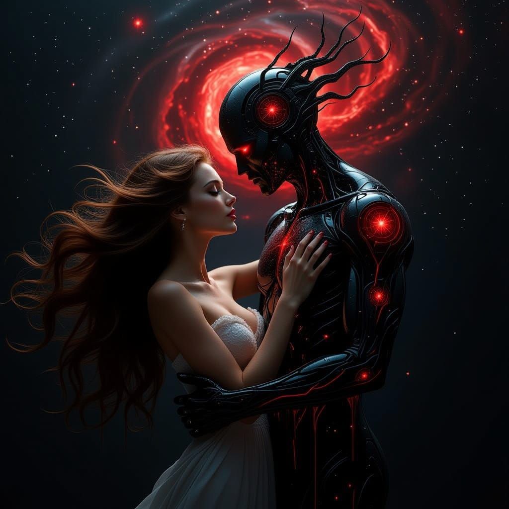 Cosmic Horror Romance: Woman Embraces Starlight Being