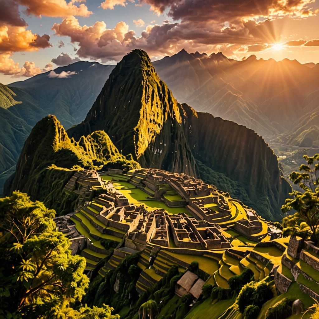 Epic Sunset at Machu Picchu Festival in Vibrant Oil Painting...